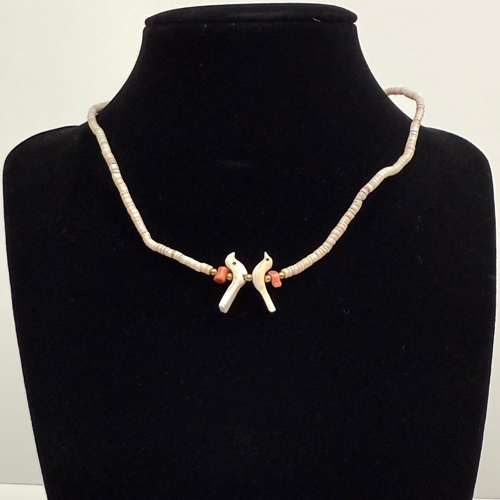 Choker Necklace Shell Heishi Bead Bird Dove Accent Coral White Beads 7 in L